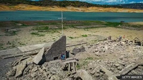 خشکسالی در فیلیپین ویرانه‌های شهر ۳۰۰ ساله را از کف سد بیرون آورد